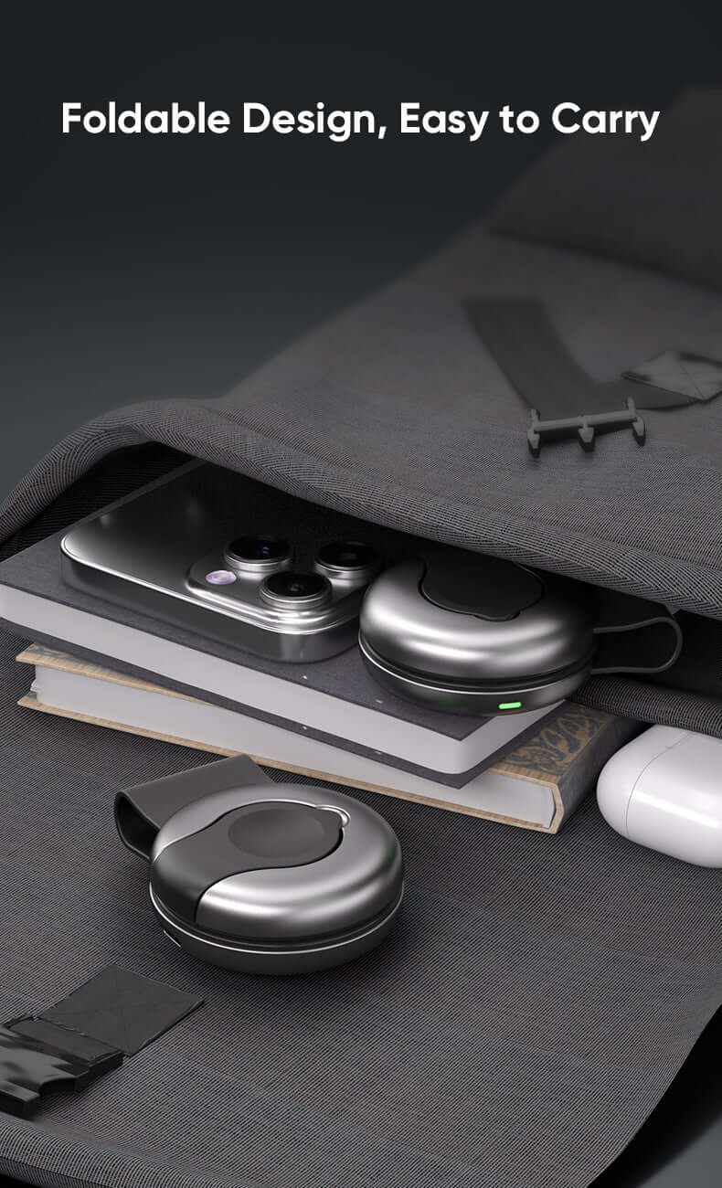 Foldable design travel case with phone, wireless earbuds, and accessories, easy to carry and organize.