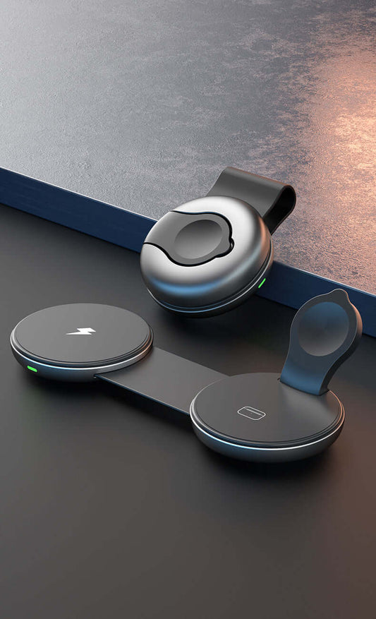 GoDokr Flex 3-in-1 wireless MagSafe travel charger for iPhone, Apple Watch, and AirPods, featuring sleek design and fast charging capability.