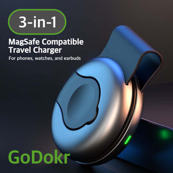 GoDokr Flex 3-in-1 travel charger for iPhone, Apple Watch, and AirPods, MagSafe compatible