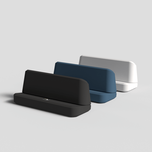 Universal PowerDokr charger for Kindle Scribe, Oasis, and Paperwhite in black, blue, and white, featuring USB-A and USB-C compatibility.