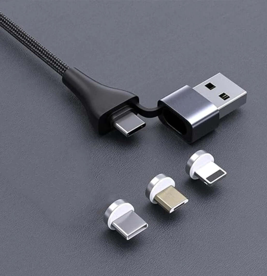 Universal charger cable for Kindle Scribe with USB-A, USB-C, and magnetic adapters for versatile charging.