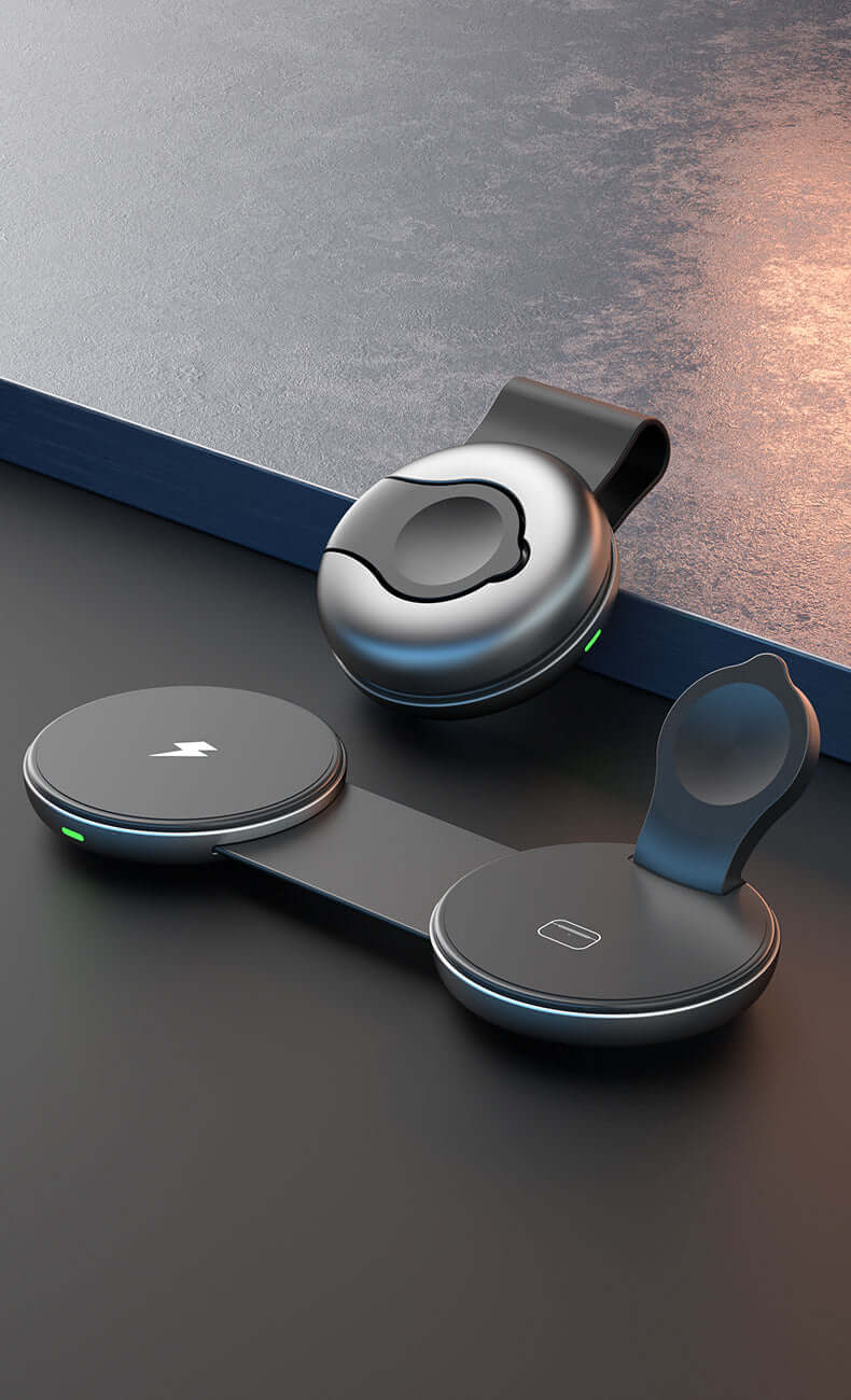 GoDokr Flex 3-in-1 travel charger for iPhone, Apple Watch, and AirPods, featuring sleek design and fast charging capability.